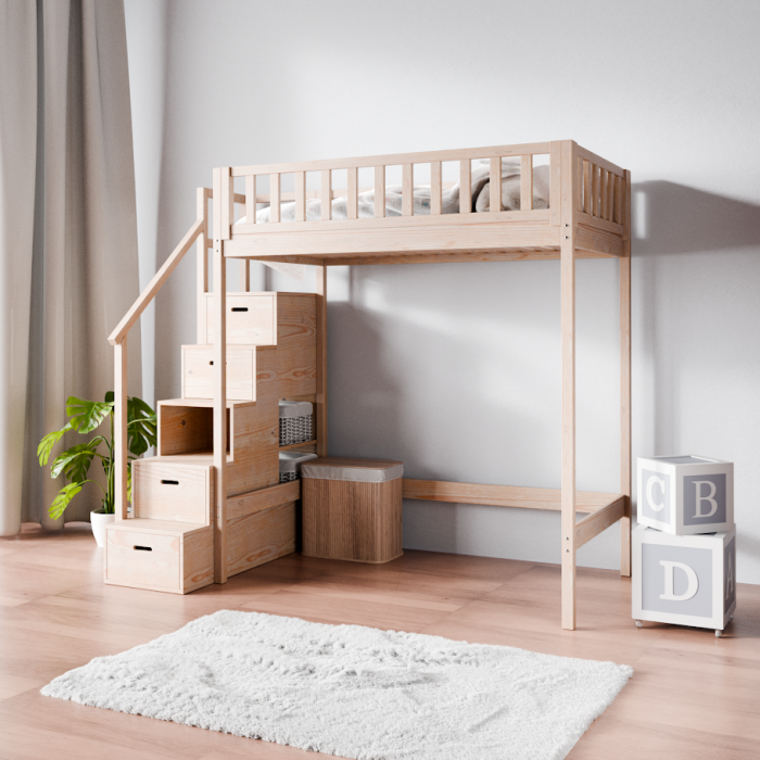 Hochbett mit Treppe für Jugendliche aus Massivholz